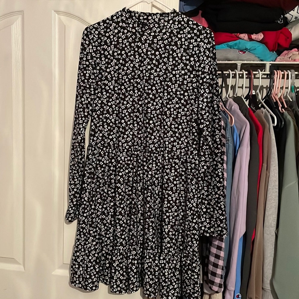 white and black mock neck dress